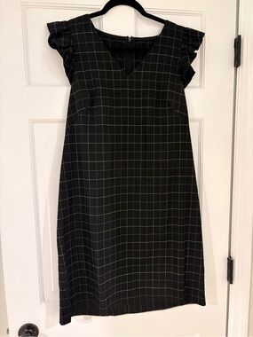 LOFT Black Windowpane V-Neck Ruffle Sleeve Mini Dress